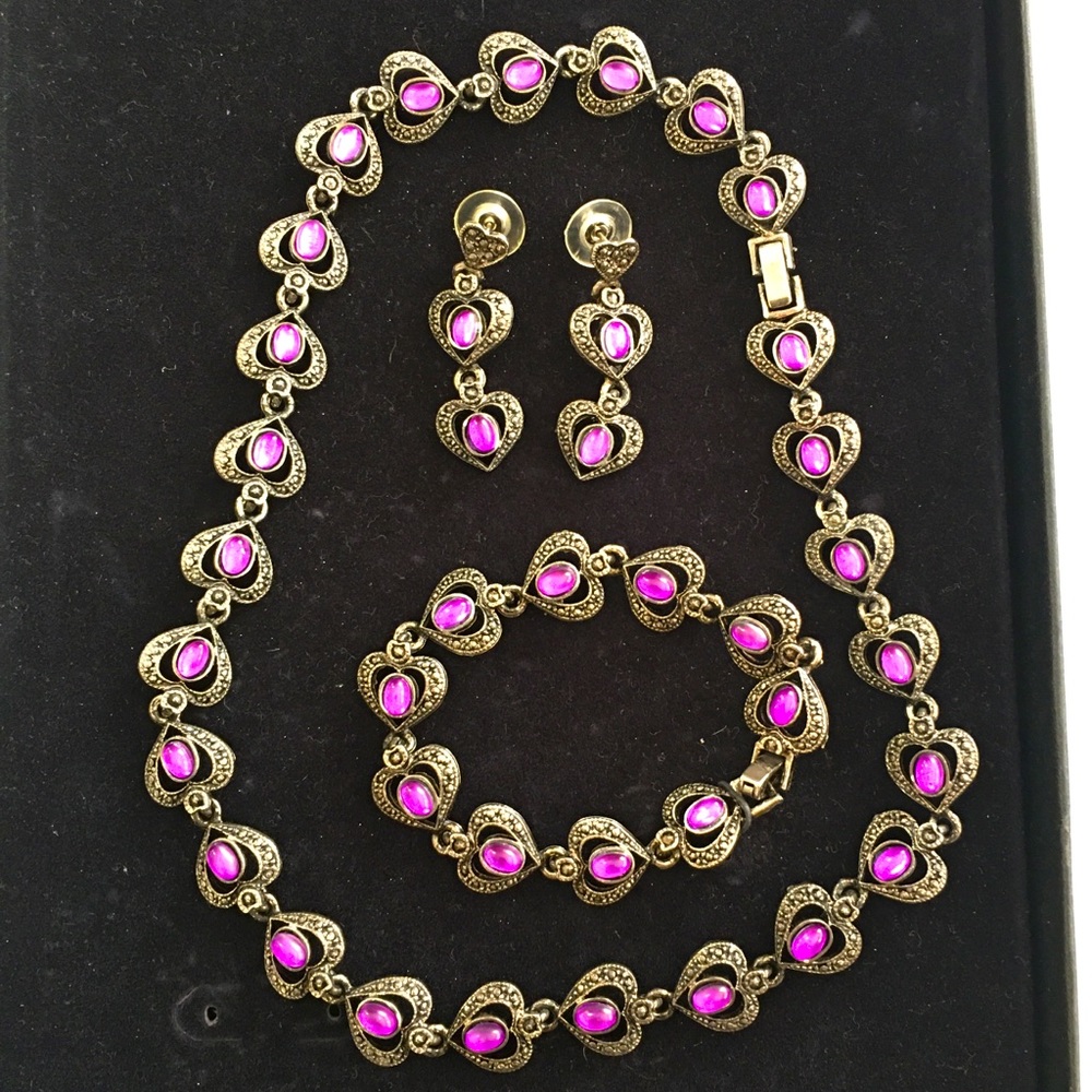Signed solid sterling silver marcasite necklace bracelet earrings set